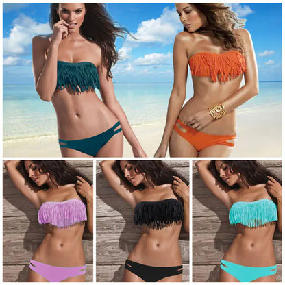 Chic Fringe Strapless Bikini Set