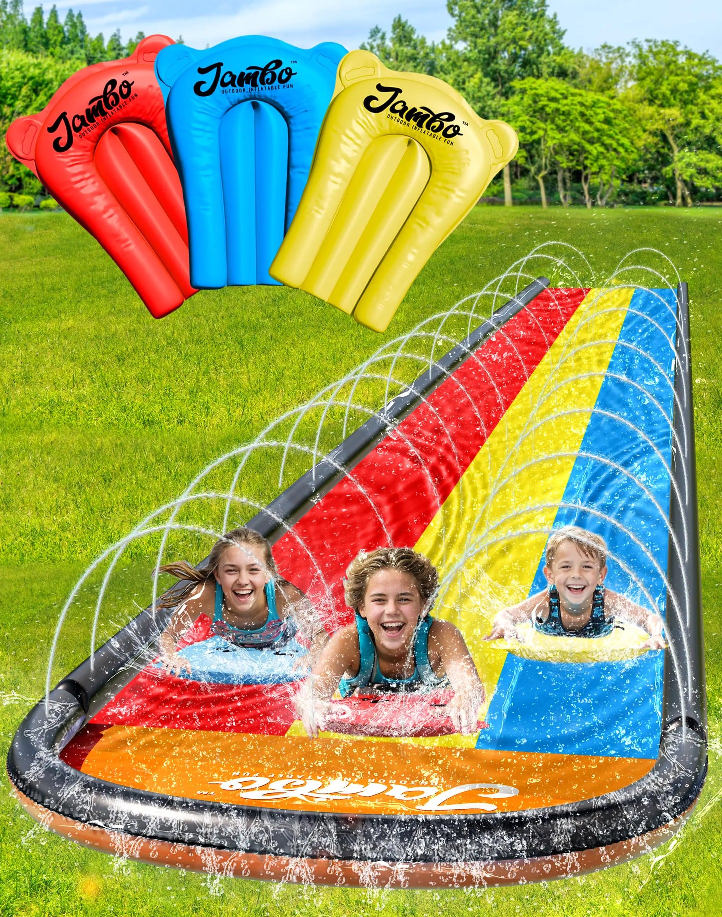 JAMBO TriTrack 16Ft Deluxe Water Slide & Bodyboards