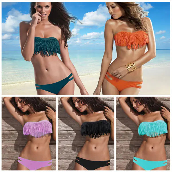 Chic Fringe Strapless Bikini Set